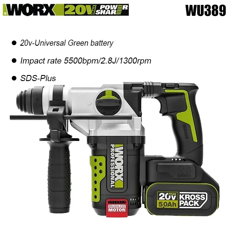 Worx WU389 Сверхмощный беспроводной перфоратор Бесщеточный перезаряжаемый 20 В Imapct 2 8