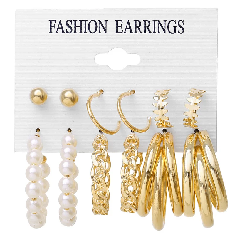 

Retro Pearl Metal Circle Chain 6piece Pair Set Earrings for Women Light Luxury High-end OL Personality Irregular Jewelry