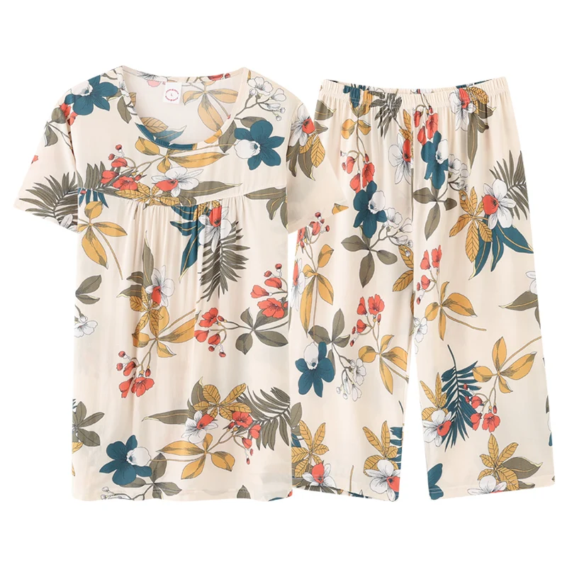 

CAIYIER Autumn Summer Women Sleepwear O-Neck Short Sleeve Shorts Leisure Nightwear Flower Pajamas Set Loungewear Big Size M-3XL