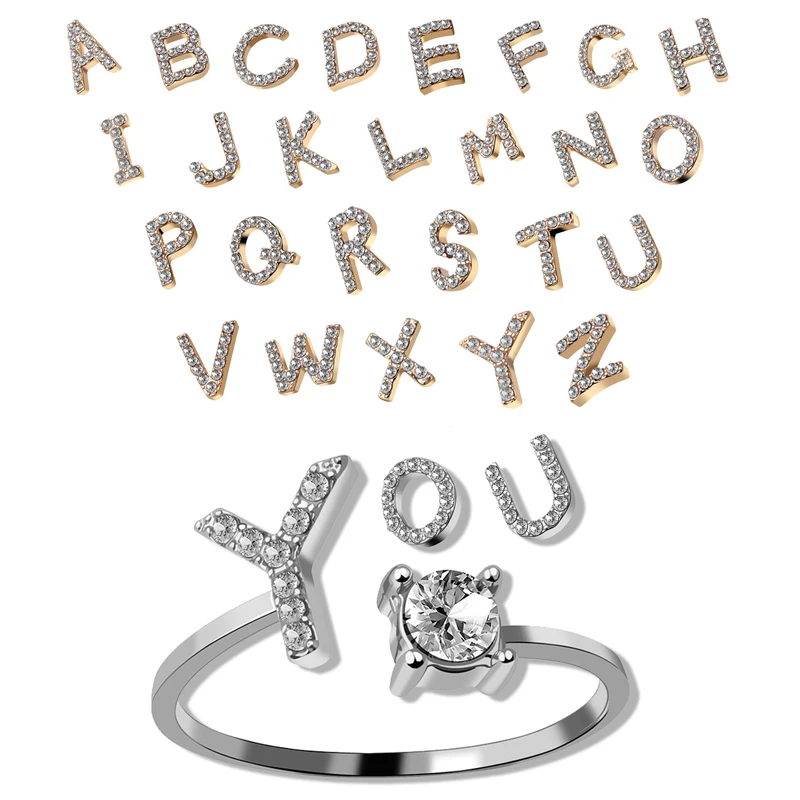 

Elegant Crystal 26 Letters Rings for Women Fashion Alphabet Initial Name Finger Adjustable Open Ring Jewelry Friendship Gift