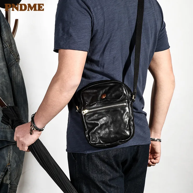 PNDME retro fashion handmade designer top layer Cowhide men's pleated mobile phone bag daily outdoor workshoulder messenger bag