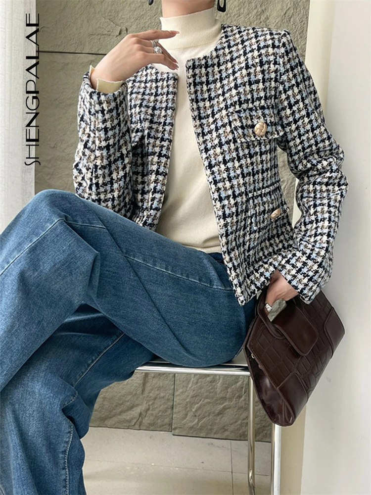 

SHENGPALAE Fashion Plaid Women Coat Round Neck Full Sleeve Multi-button Contrast Color Short Jacket Autumn 2023 New Tide 5R4190