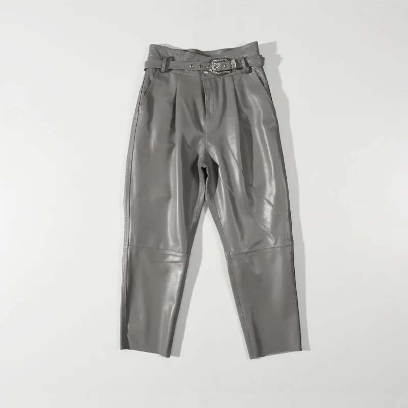 

2022 Spring New Style Women Casual Genuine Sheepskin Leather Cropped Trousers