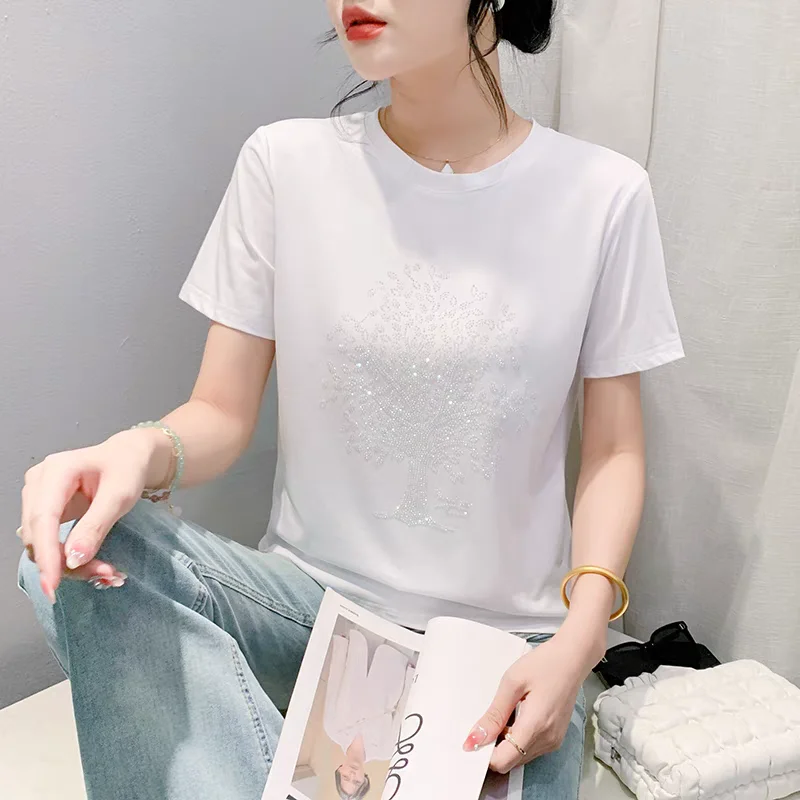 Женская хлопковая Футболка со стразами Повседневная Свободная Блестящая