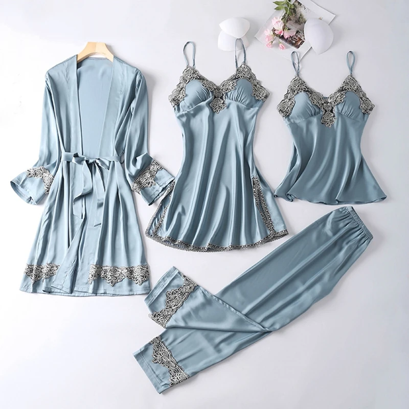 Women Autumn Ice Silk 4 Pieces Pajamas Set Cami Top Long Pants Dress Robe Embroidery Lace Trim Sexy Sleepwear with Chest Pads Ni