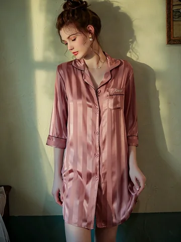 Шелковые полосатые мягкие халаты, женский халат-бойфренд, женская ночная рубашка с рукавом 3/4, одежда для сна в стиле кэжуал для душа и кровати