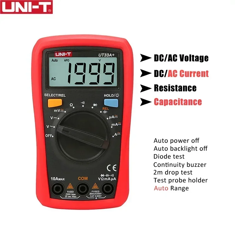 Фото UNI-T UT33A+ /UT33B+ /UT33C+ /UT33D+ Мультиметр размером ладони Измерение сопротивления ЖК-дисплея AC DC 2 мF Емкость NCV Тестер Подсветка №1