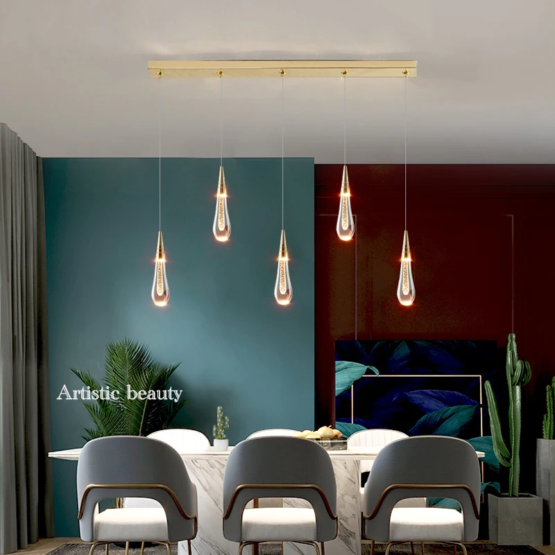 

Modern Living Room LED Crystal Chandelier Kitchen Island Water Drop Crystal Lamp Fixtures Luxury Dining Cafe Gold Pendant Lights