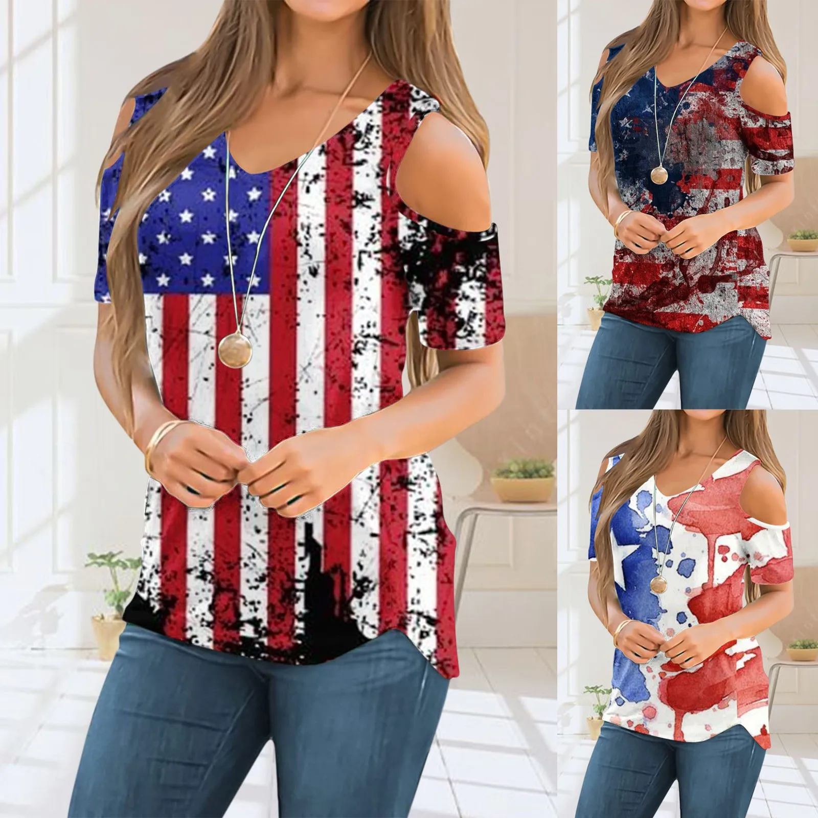 

Womens Summer Casual T Shirt Cute Cold Shoulder Short Sleeve V Neck Tops Football Shirt Women