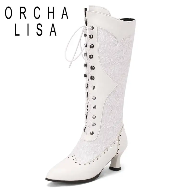 

ORCHA LISA Fashion Women Knee Boots 32.5cm Shaft Pointed Toe Spool Heels 5.5cm Splice Lace-up Plus Size 32-48 Mixed Color Party