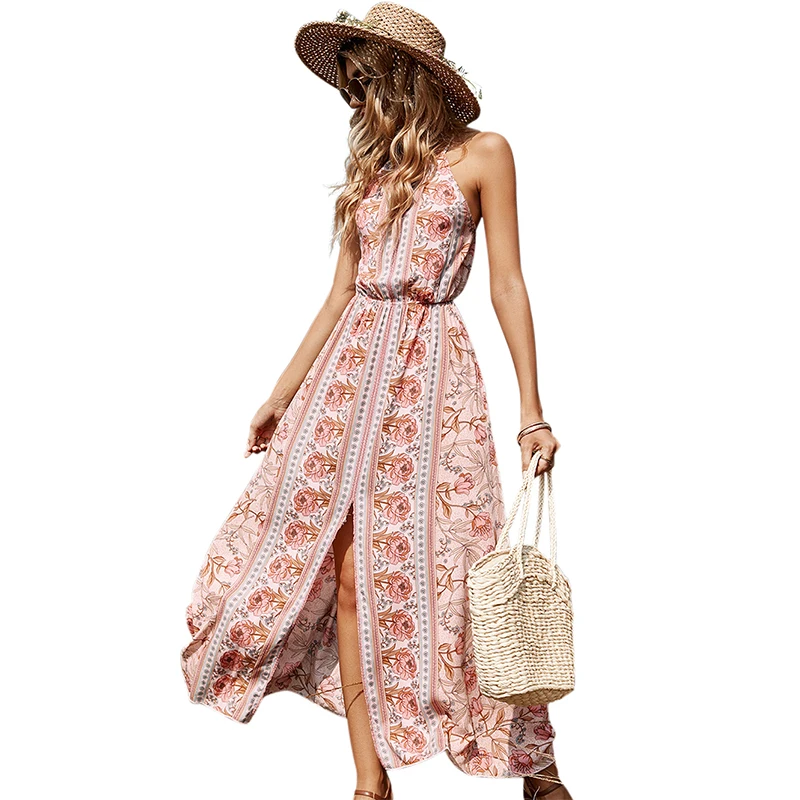 

Summer Beach Casual Bohemian Flower Long Dress 2022 Women's New Sleeveless Sexy Backless Strap Dress Vacation Chic Vestidos Maxi
