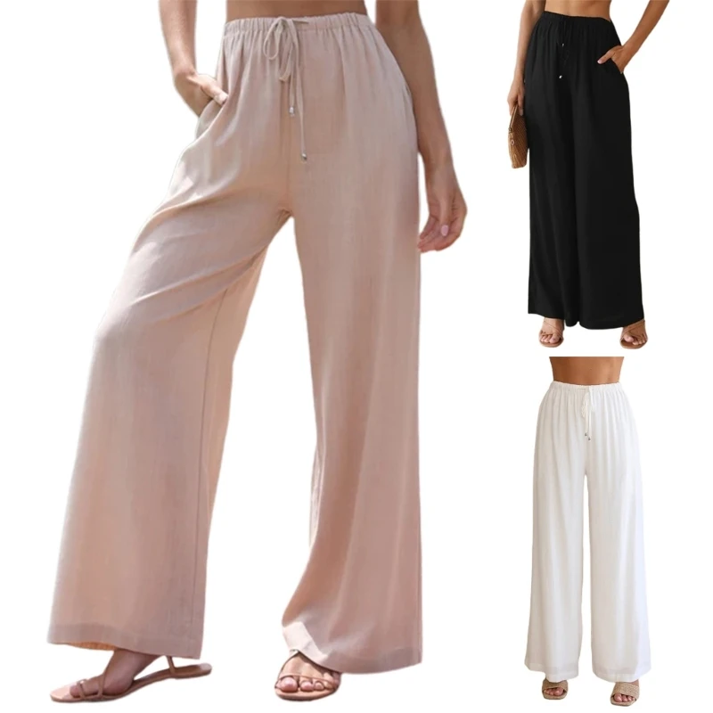 

50JB Women Summer High Waist Cloth Palazzos Pants Wide Leg Long Lounge Pant Loose-Fit Solid Color Breathable Trousers