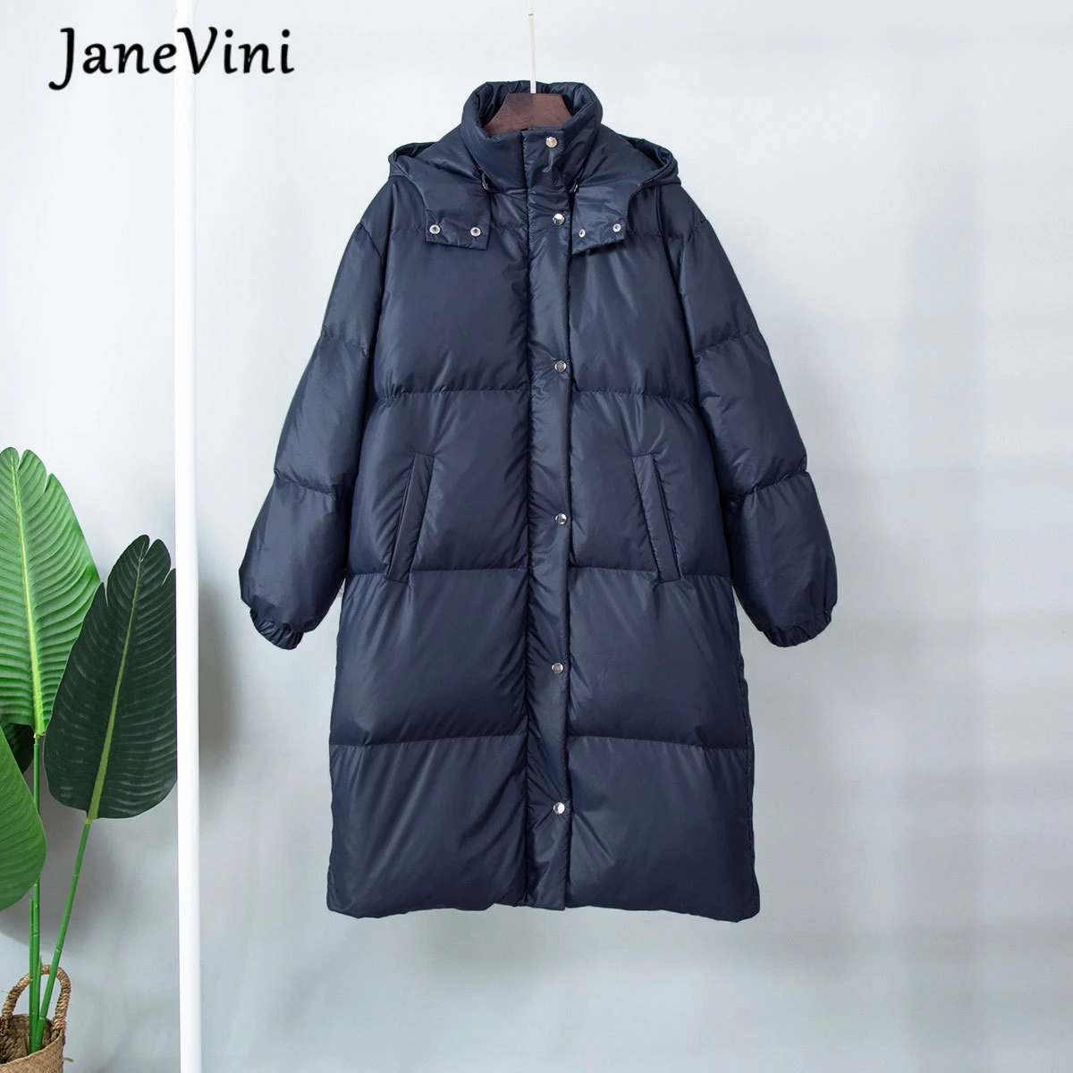 JaneVini New Down Jacket Women Mid-length Hooded Loose Jackets Winter Warm Thick Coats Ropa Mujer Invierno Nueva Tendencia 2023