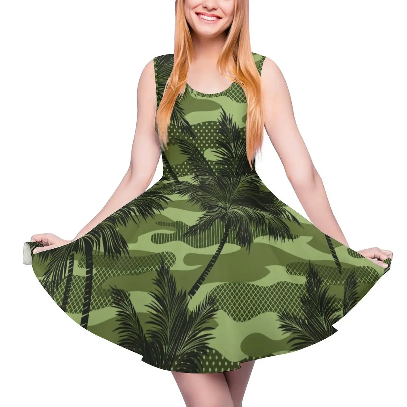 

Green Camo Print Dress Palm Tree Print Beach Dresses Sleeveless Street Style Skate Dress Womens Custom Vestido Birthday Gift