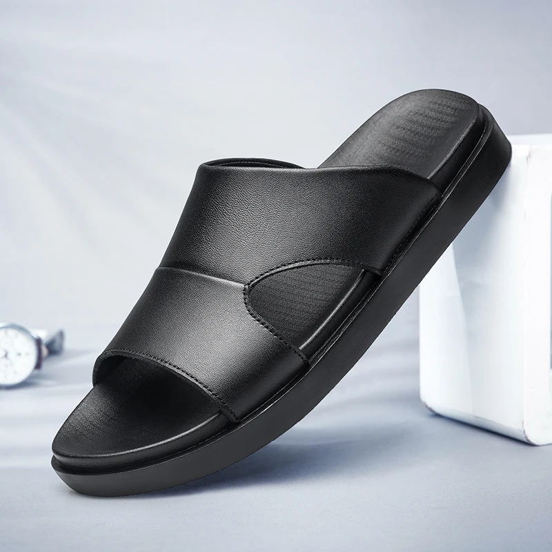 

High-quality New Summer Men Black Thick Bottom Sandals Genuine Leather Quality Beach Slippers Casual Shoes Outdoor Beach Shoes