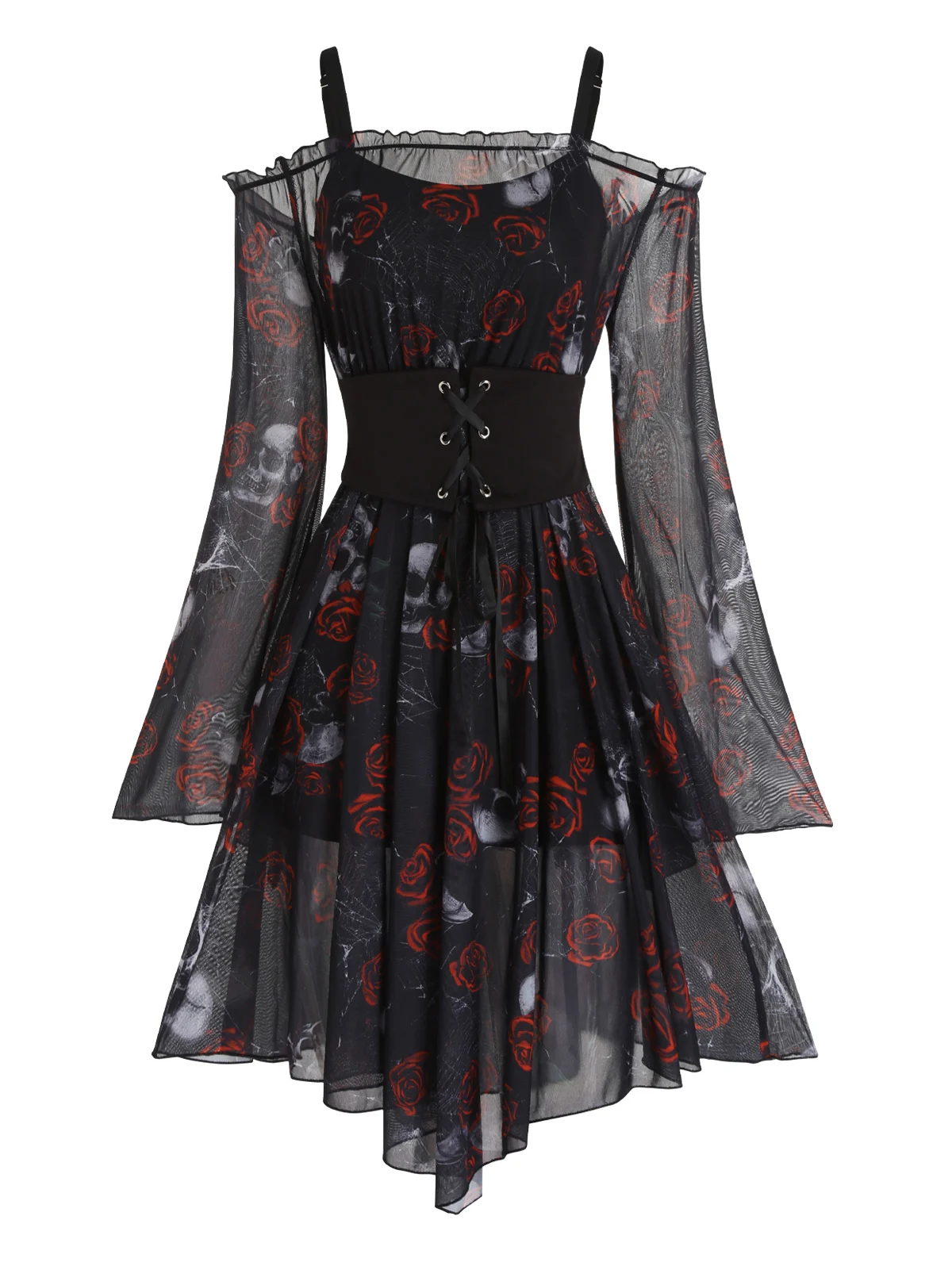 

Gothic Skull Rose Print Flare Sleeve See Thru Off The Shoulder Asymmetric Dress And Basic Cami Dress Set Halloween