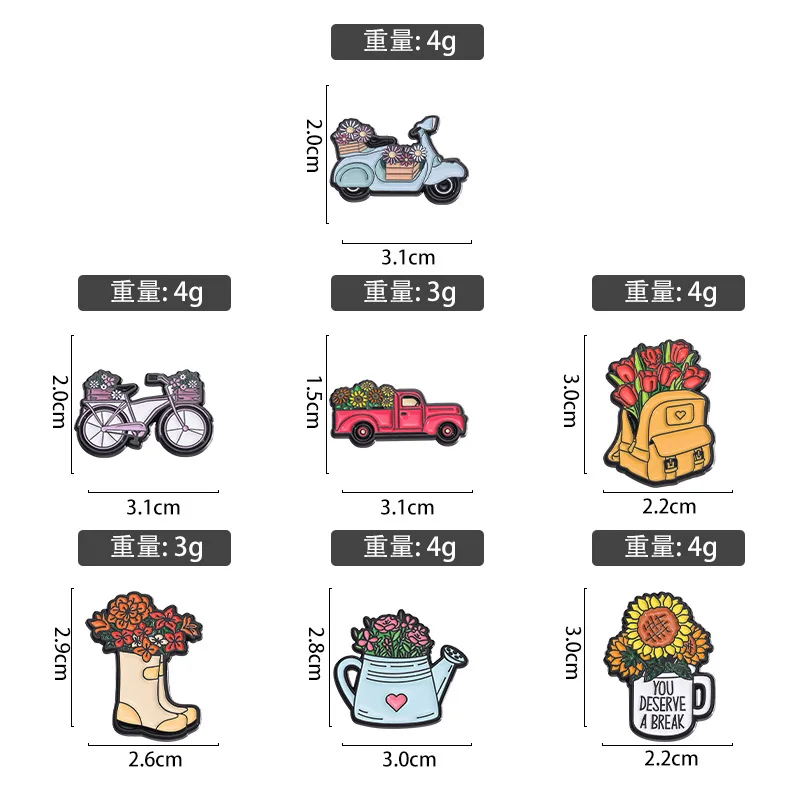 Эмалированная брошь в виде корзины с цветами и велосипедом