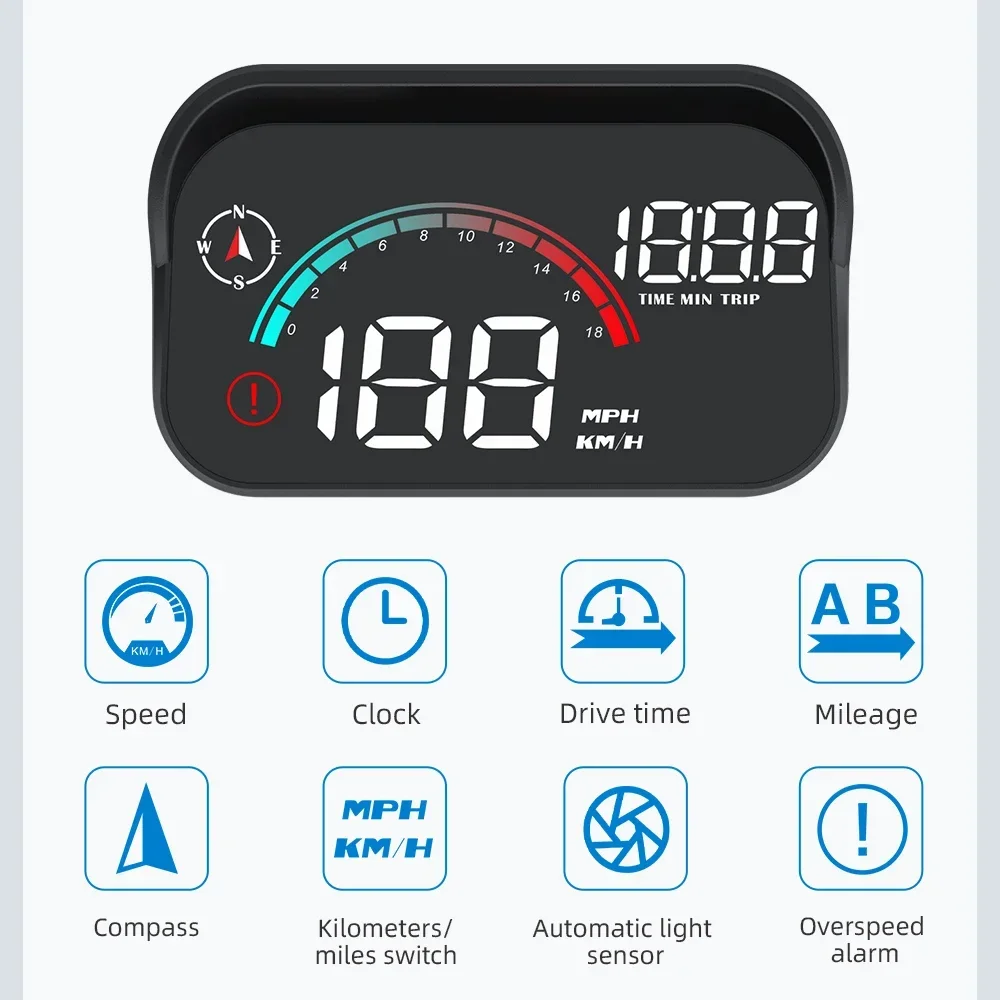 Фото M22 GPS для всех автомобилей, проекционный дисплей, спидометр, цифровой проектор, компас, расстояние путешествия, сигнализация превышения скорости высоты №1
