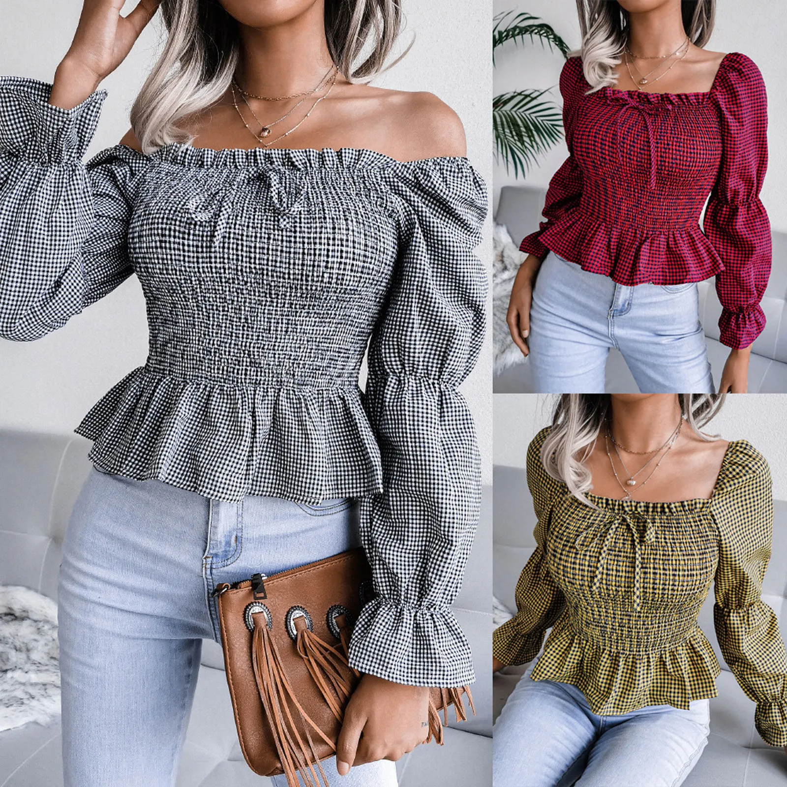

Women Office Lady Shirt Plaid Print Casual Sexy Slash-neck Long Sleeve Elastic Block Tops Autumn Elegant Shirt woman top