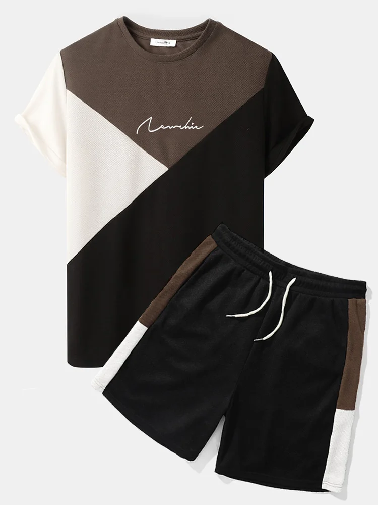 

CharmkpR Casual New Men Suit 2 Pieces Fashion Male Letter Tricolor Knitted Stitching Short Sleeve Pocket Two Piece Outfits S-2XL