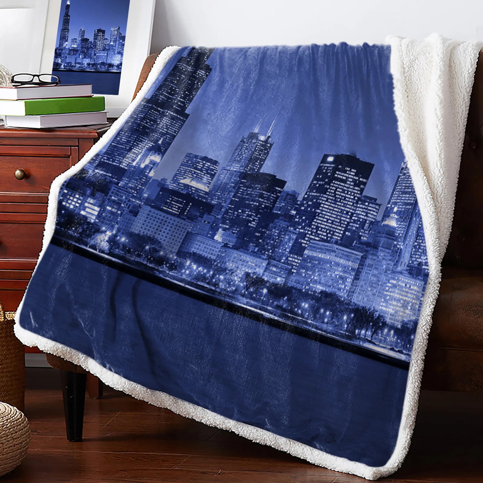 

Одеяло Chicago Nightscape Sherpa, двойное толстое бархатное Фланелевое покрывало, офисное покрывало для сна, покрывало для дивана, постельное белье