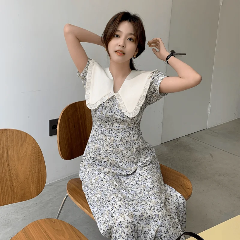 

Женское винтажное платье с коротким рукавом, элегантное платье в стиле Харадзюку с воротником Питер Пэн, цветочным принтом и грибком съедоб...