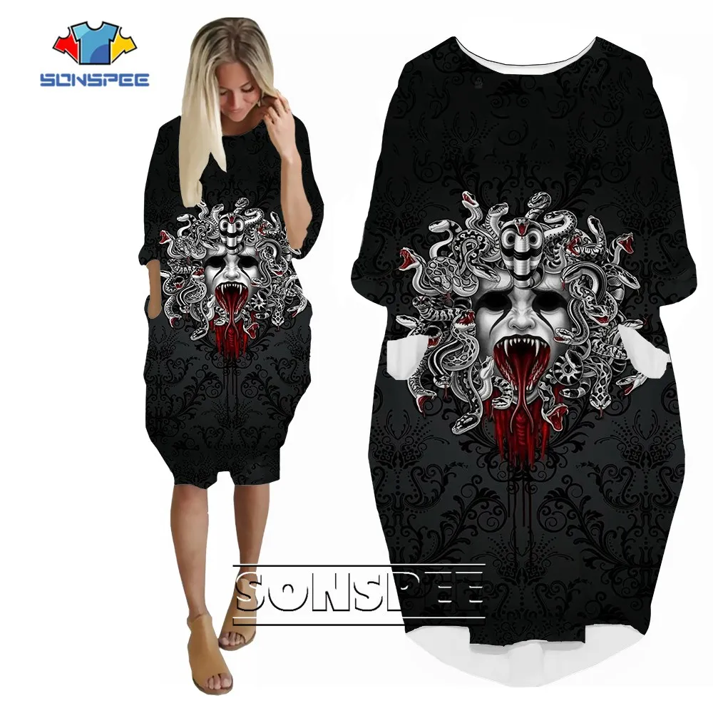 

Черное платье с 3D-принтом Medusa SONSPEE, с длинным рукавом, кровавая юбка в стиле Харадзюку, забавная Женская Повседневная винтажная одежда