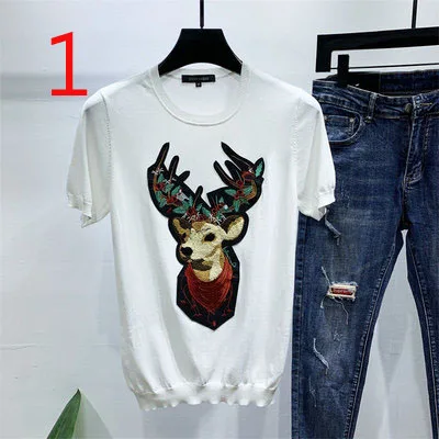 

Men's ice silk half-sleeved summer round neck embroidered Korean short-sleeved T-shirt