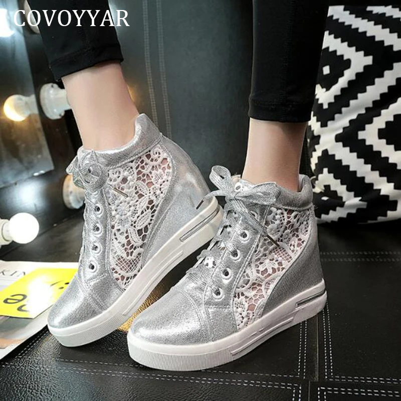 

COVOYYAR 2022 Women Casual Shoes Summer Cut Out 5cm Hidden Heel Fashion High Top Sneakers Platform Wedge Ladies White Shoes