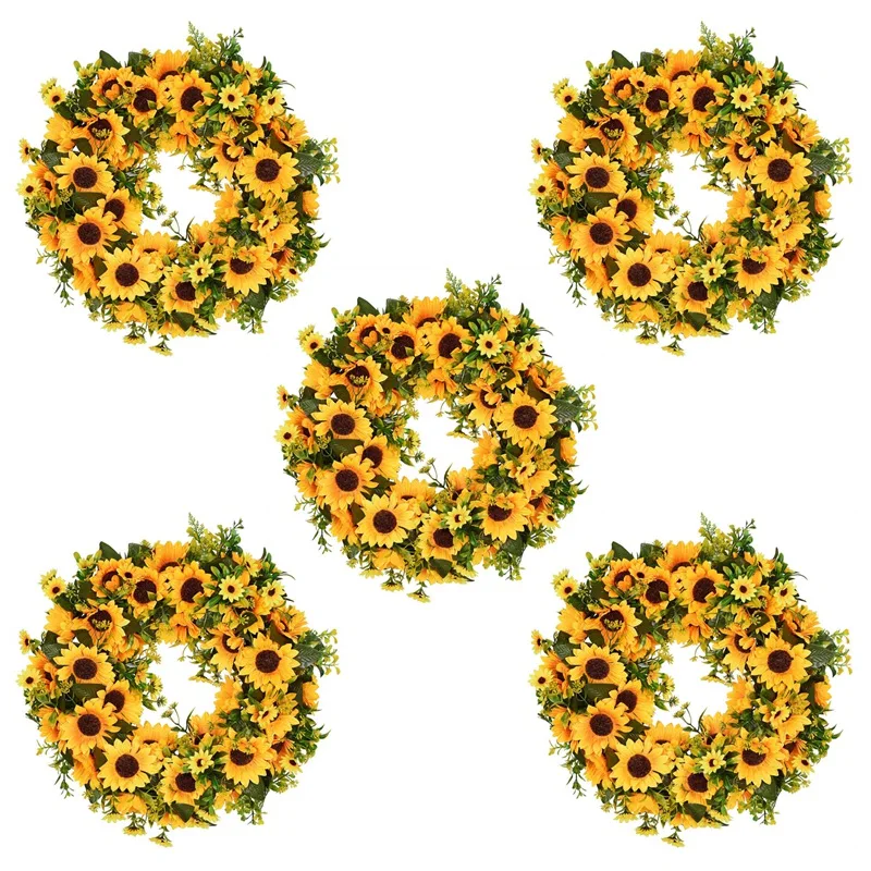 

5X Artificial Sunflower Summer Wreath-16 Inch Decorative Fake Flower Wreath With Yellow Sunflower And Green Leaves