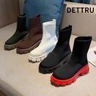 Новинка, осенне-зимние красные ботинки-носки на массивной подошве, обувь из стрейчевой ткани, женские ботинки челси до середины икры на толстом каблуке