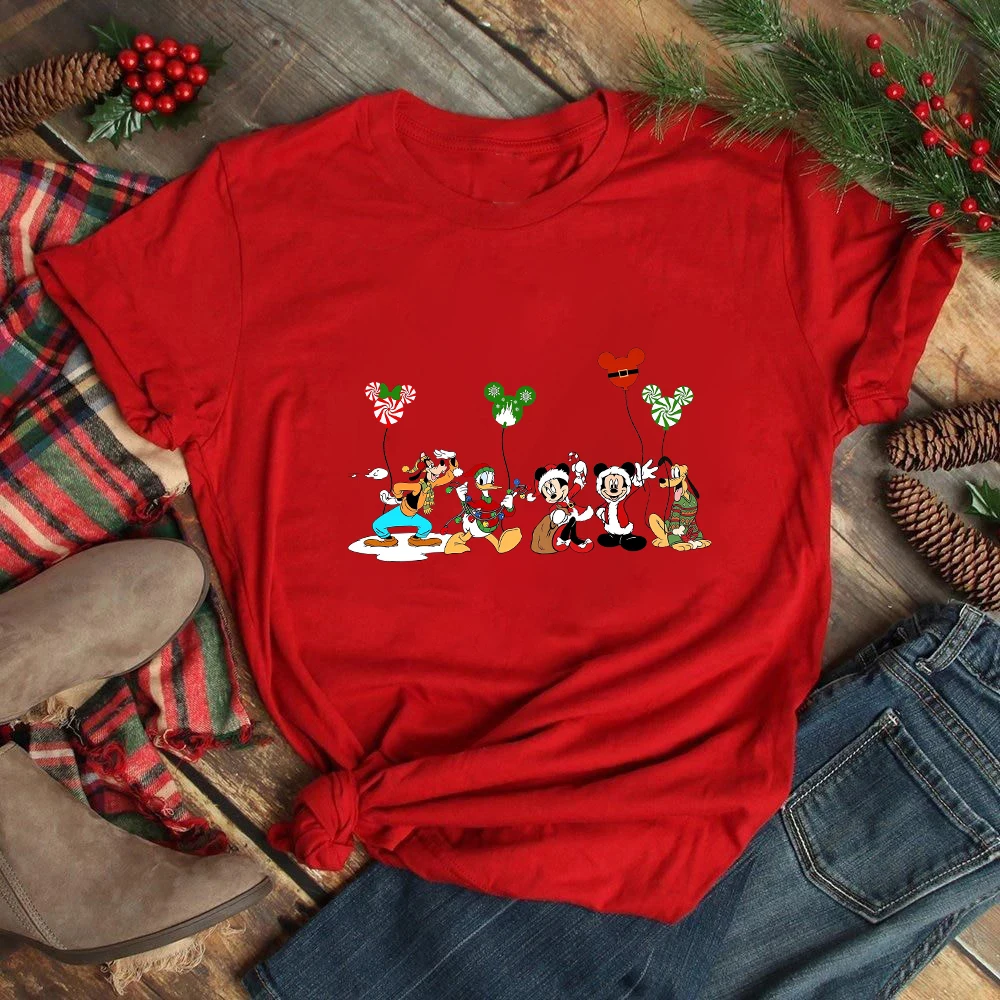

Merry Christmas Mickey and Friends Women's T-shirt Festival Vibes Fashion Disney Clothes Free Shipping Xmas Gift Red Tops Shirts