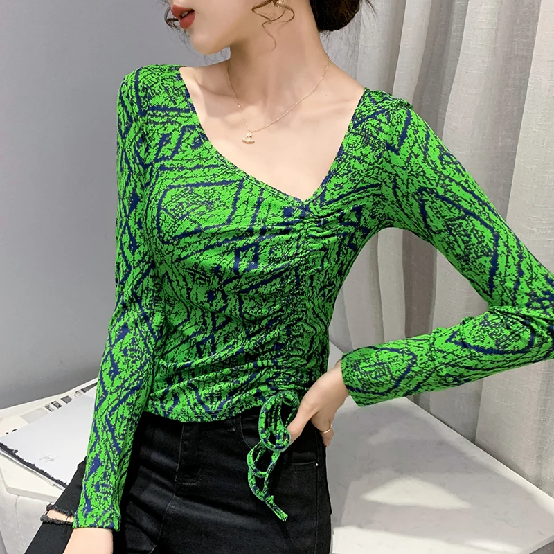 

Fall Winter European American Clothes T-Shirt Chic Sexy Skew Collar Irregularity Lace Up Print Women Tops Long Sleeve Tees 9304