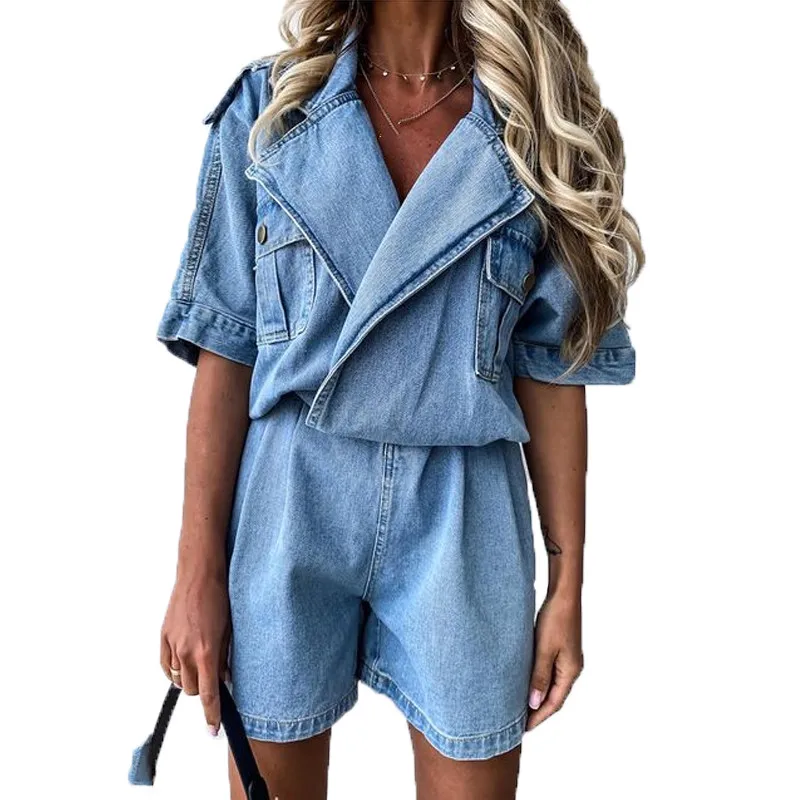 Casual Blue Denim Water Wash Short Sleeve Women Playsuit Button Pocket High Waist Turn Down Collar Spring Female Playsuit indie
