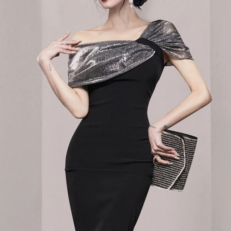 

Женское асимметричное вечернее платье, элегантное черное платье-карандаш с вырезом лодочкой и открытыми плечами в стиле звезд, для лета