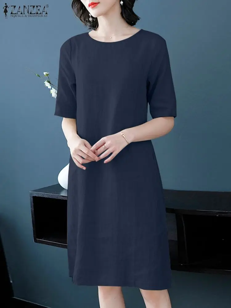 Платье ZANZEA женское с круглым вырезом однотонное хлопковое винтажное сарафан