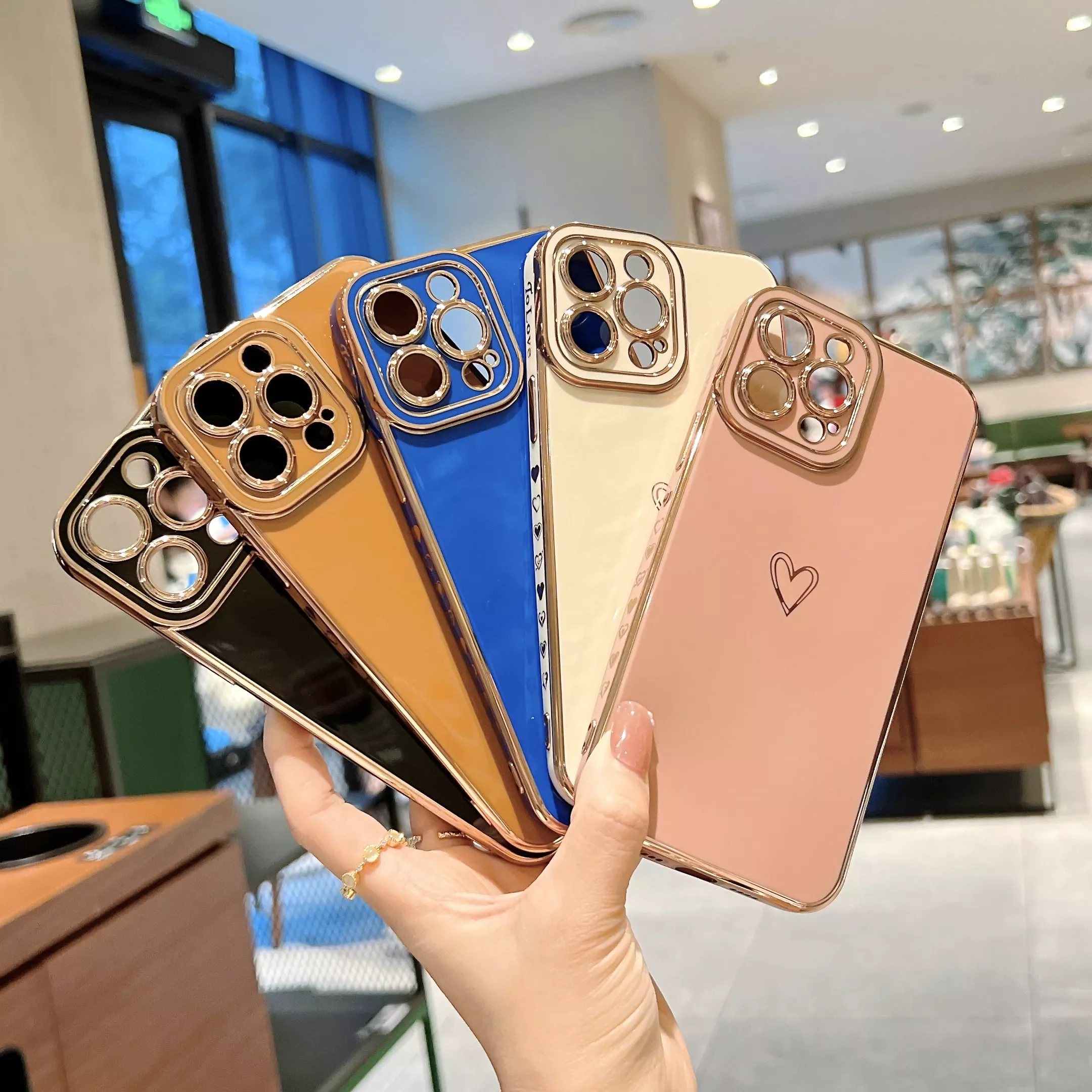 

Electroplating Love Heart Phone Case For Iphone 11 12 13 Pro MAX X XR XS 7 8 Plus SE 2020 Orange Blue Pink Cover