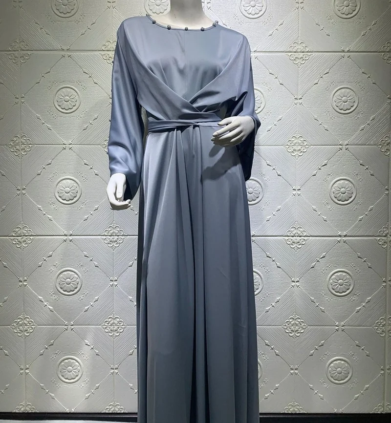Muslim Women Wrap Front Maxi Dress Abaya Soft Satin Elegant Long Sleeve Belted Long Dress Islam Arab Dubai Turkey Clothes