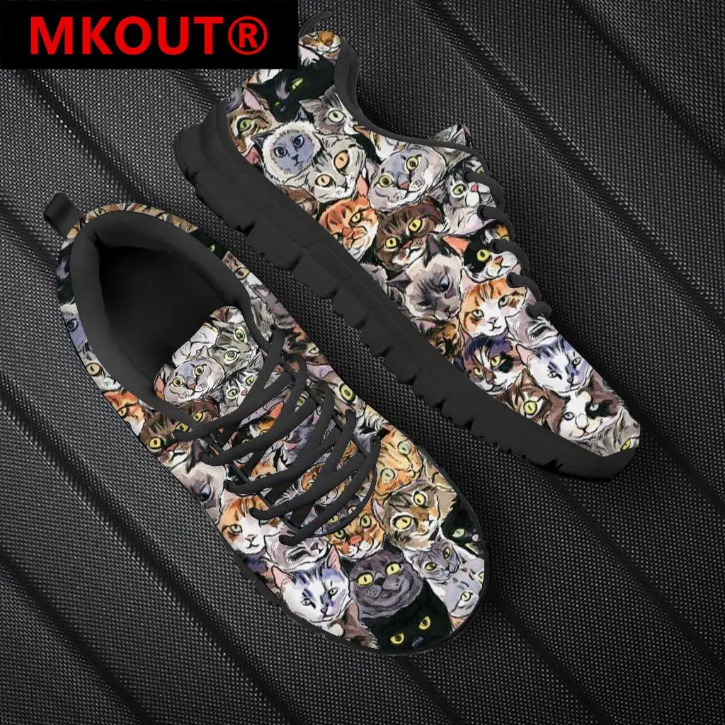 

Lovely Cartoon Cats Pattern Mesh Sneakers for Women Lightweight Lace up Flat Shoes 2022 Outdoor Footwear Zapatillas