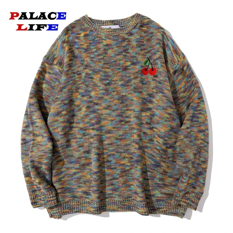

Harajuku Autumn Oversize Casual Fashion Pullover Men Hip Hop Knitted Jumper Sweater Cherry Embroidery Vintage Streetwear