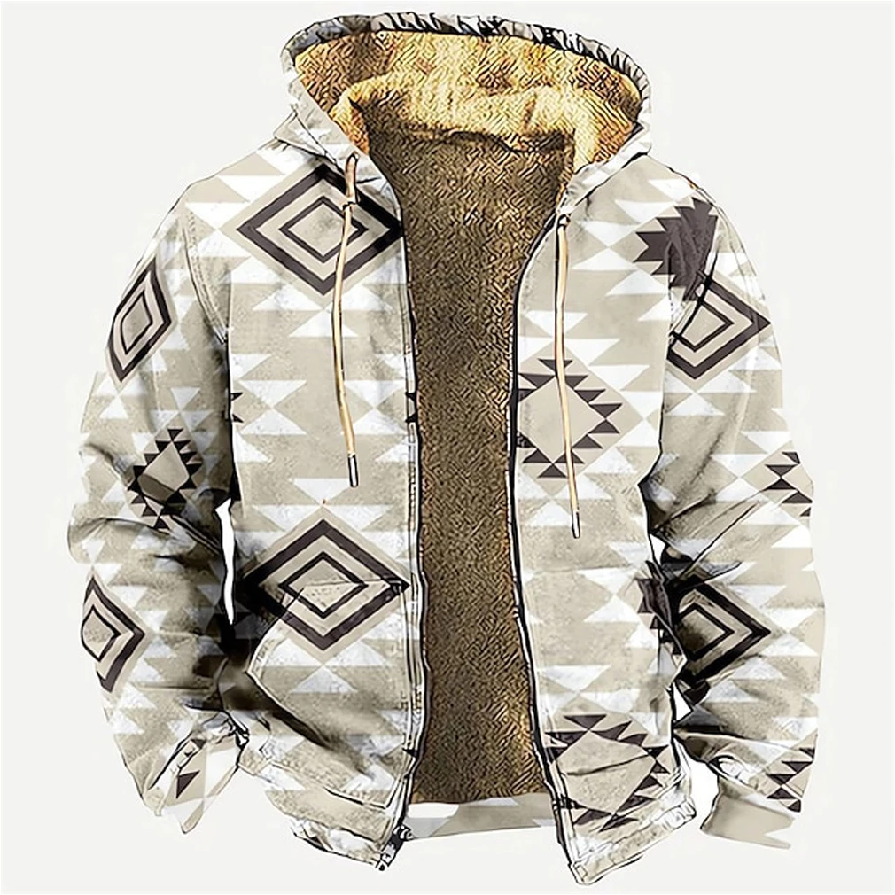 Мужская Флисовая Куртка с капюшоном и геометрическим принтом