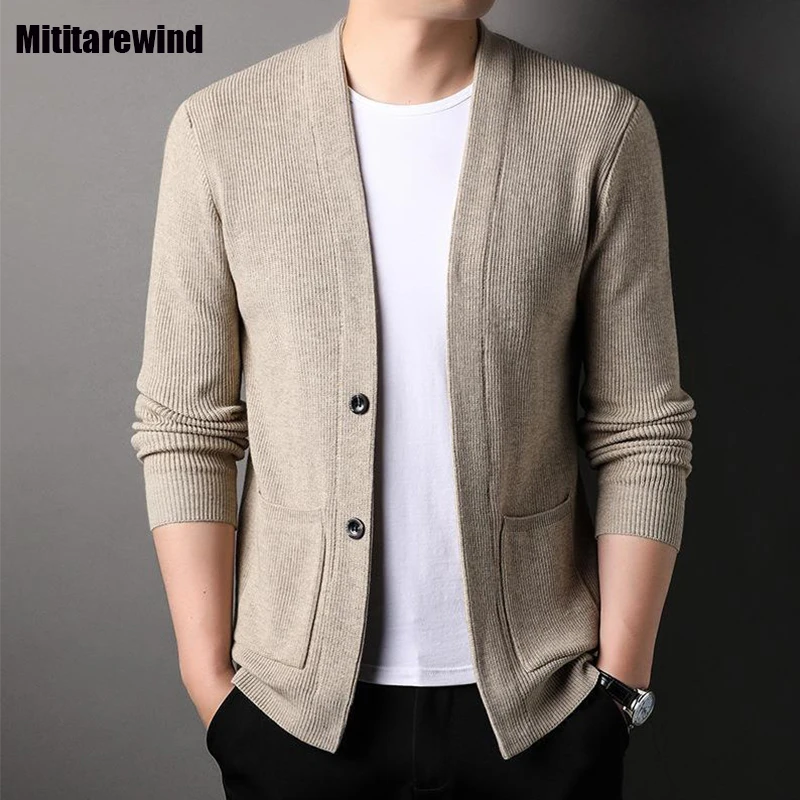 

Свитер мужской из чистого хлопка, модная офисная Повседневная однотонная кофта с V-образным вырезом, простой облегающий кардиган, весна-осень