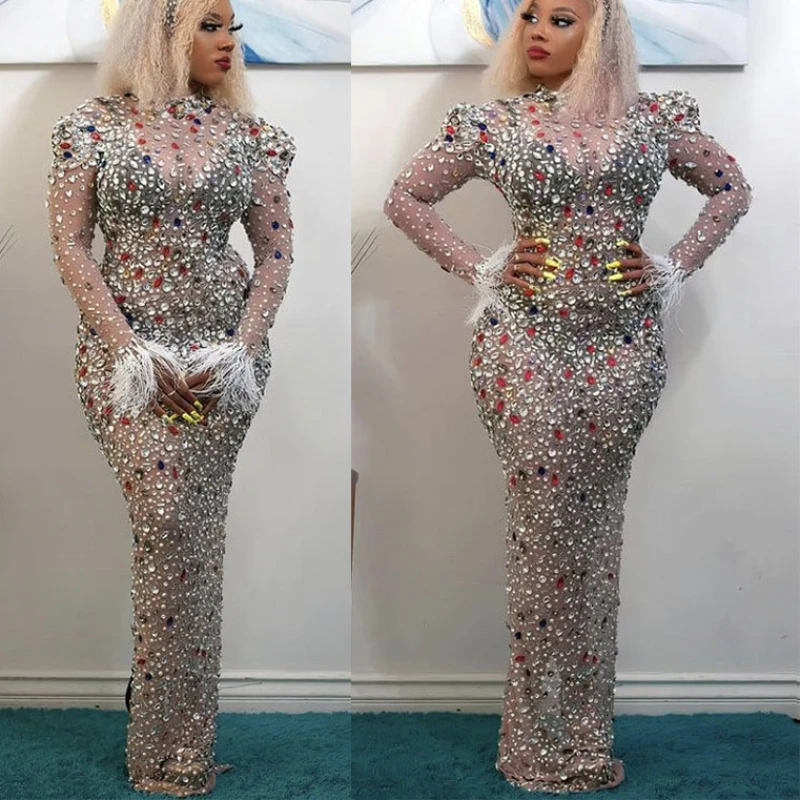 

Sexy Elastic Mesh African Dresses for Women 2022 Full Diamond Luxury Long Maxi Dress Summer African Clothes Robe Africaine Femme