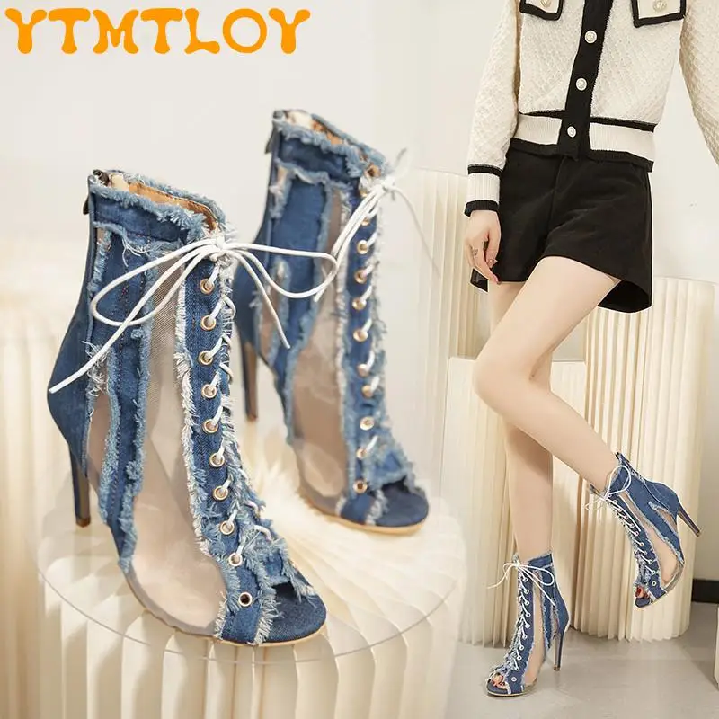 

Spring And Summer Fashion Fringed Net Boots Stiletto High Heels Denim Mesh Hollow Lace Up Fish Mouth Sandals Women's Sandals