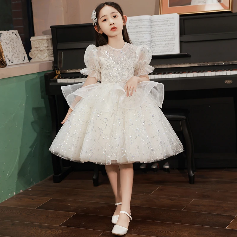 

Jancember New Summer Children'S Lace Princess Dresses Round Neck Wedding Little Girl Host Piano Performance Costume JJ002