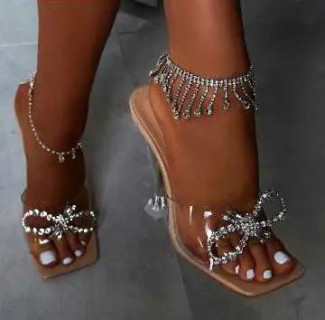 

2022 new rhinestone bow transparent wine glass with high heel slippers