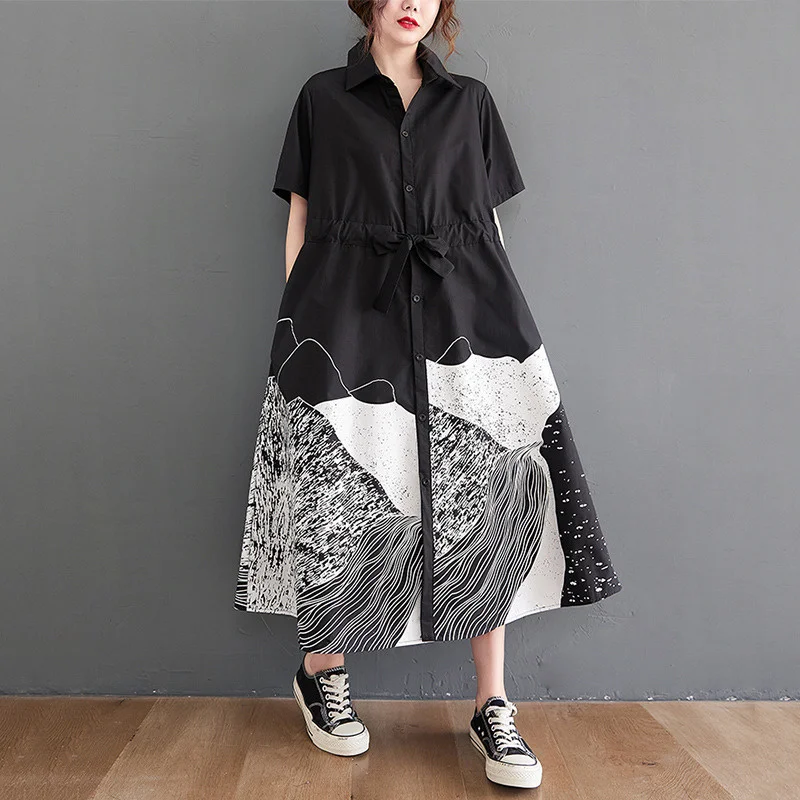 

Женское платье-рубашка с коротким рукавом, черное повседневное свободное винтажное платье с принтом и поясом, элегантная одежда в Корейско...
