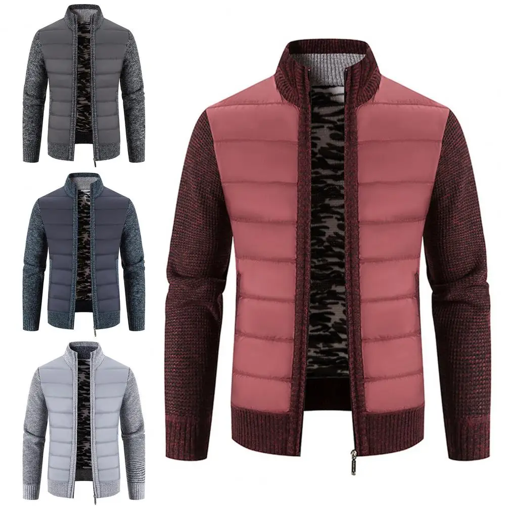 Autumn Winter Sweater Coat Thicken Patchwork Stand Collar Coldproof Plush Lining Jacket for Daily Wear