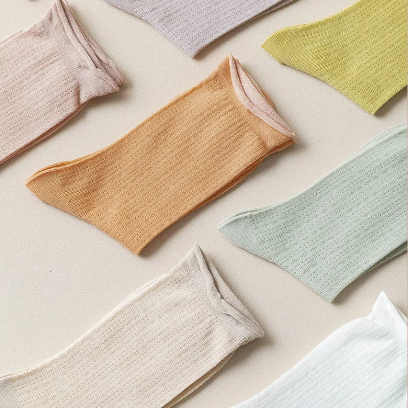 5 Pairs Summer Women Cotton Socks Middle Tube Mesh Solid Color Breathable Spring Loose Long Socks Thin Soft Ruffle Casual Sock