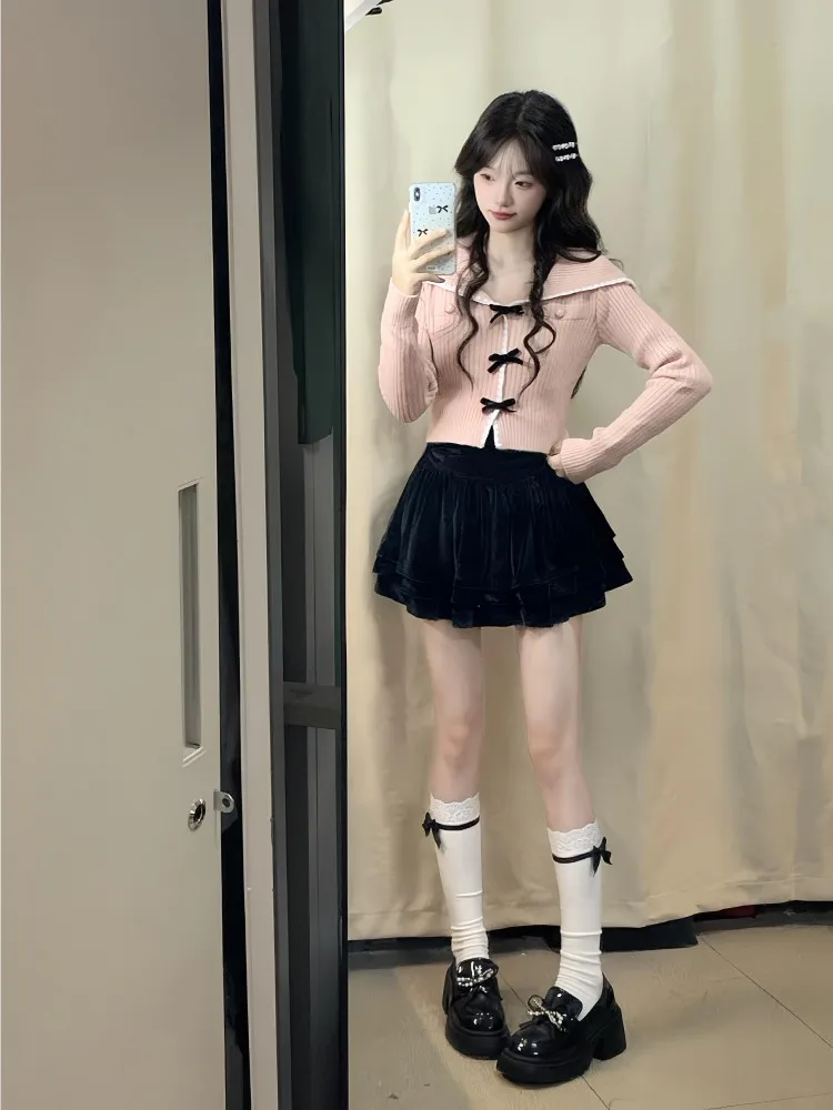 Женский вязаный свитер в стиле преппи с розовым бантом милый облегающий топ